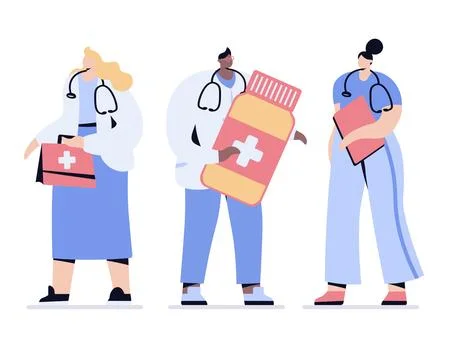 Doctors people vector doctors and nurses doctor with medicine bottle Stock Illustration