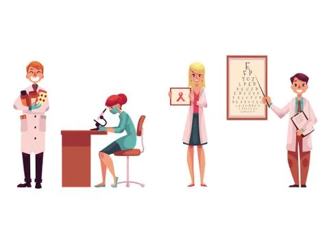 Doctors - pharmacist, laboratory, assistant, oncologist and ophthalmologist Stock Illustration