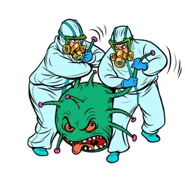 Doctors in protective suits and a coronavirus. Humor caricature. The virus was Stock Illustration