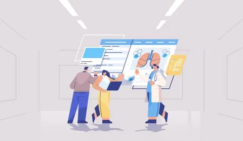 Doctors pulmonologists team learning patient lungs analyzing medical data on 스톡 일러스트