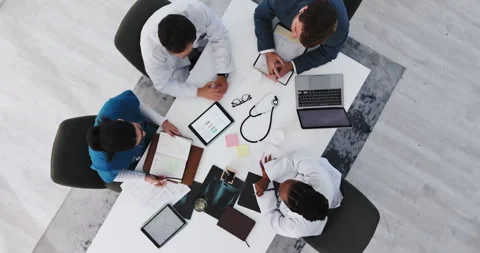 Doctors, research and people with tablet, boardroom and budget for new medical Stock Footage 321327377
