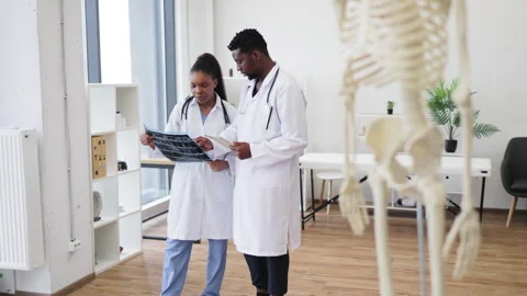 Doctors reviewing X-rays in clinic with skeleton model in foreground Stock Footage 316140177