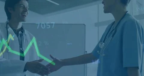 Doctors shaking hands with medical data image over them Stock Photos