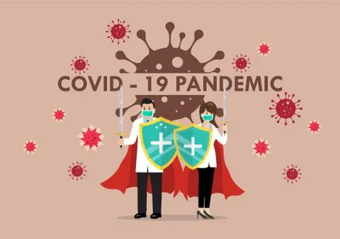 Doctors with shield sword prepare to fighting coronavirus poster 스톡 일러스트