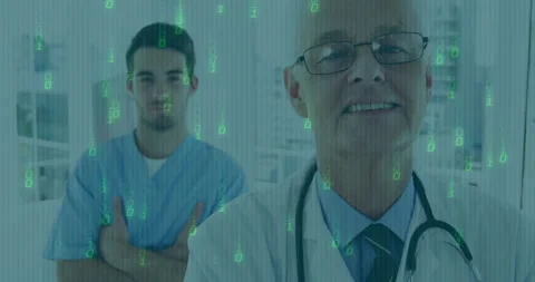 Doctors smiling with binary code animation overlay in medical setting Stock Footage 304648548