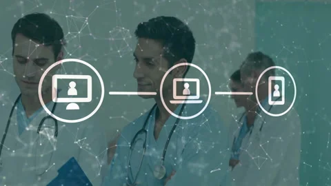 Doctors smiling as network animation flowing from desktop to laptop to Stock Footage 310643399