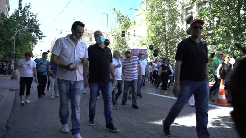 Doctors social distancing protesting against the underfunding of the public  Stock Footage 142958920