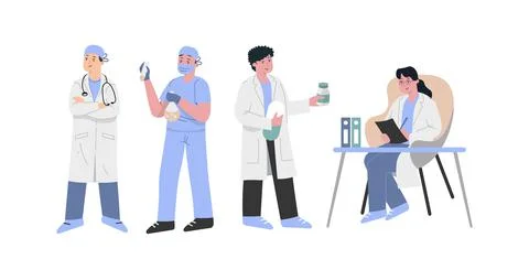 Doctors stand in a row in blue uniforms from different areas of medicine Stock Illustration