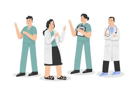 Doctors stand in a row or a team of doctors stands next to a group of doctors Stock Illustration