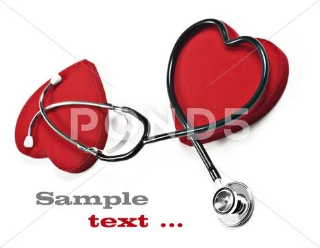 Doctor's stethoscope and red heart on a pure white background with space for Stock Photos