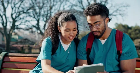 Doctors, students and tablet with people on campus for research team, medical Stock Footage 316165221