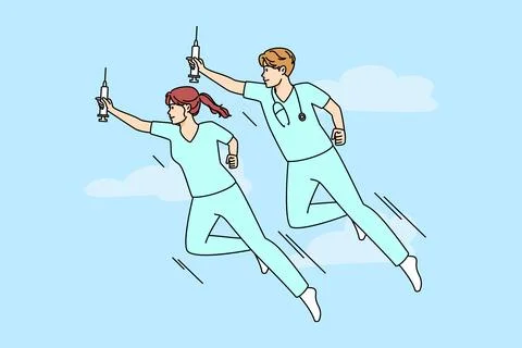 Doctors with syringes flying to help patients Stock Illustration