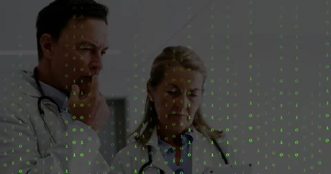 Doctors tapping chin, scrolling tablet, binary code flickering around them, Stock Footage 328257513