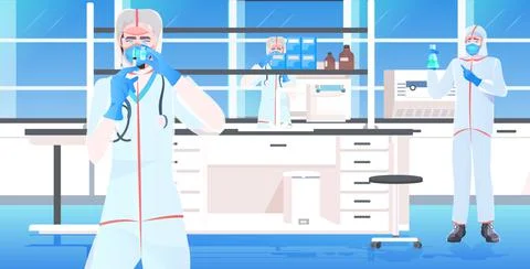 Doctors team holding test tubes with coronavirus cells sample vaccine 스톡 일러스트