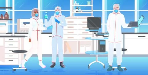 Doctors team holding test tubes with coronavirus cells sample vaccine イラスト素材