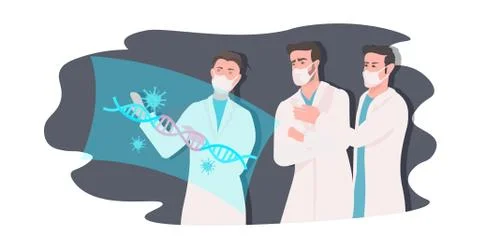 Doctors team looking on virtual screen with coronavirus cells researchers Ilustración de archivo