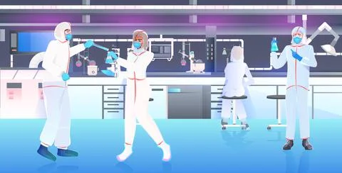 Doctors team in masks and protective suits working with test tubes vaccine 스톡 일러스트