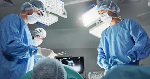 Doctors, team or scissors for surgery in theater with medical support Stock Photos