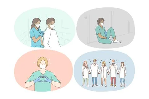 Doctors teamwork, uniting efforts against COVID-19 pandemic concept Stock Illustration