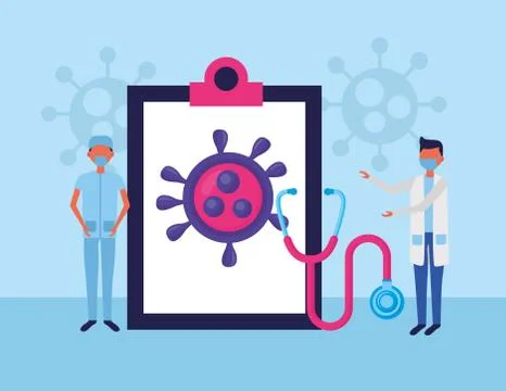 Doctors using face masks with checklist and covid19 particles Stock Illustration