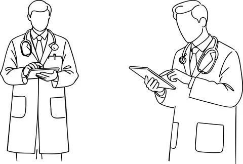 Doctors Using Tablet Devices with Medical Coats and Stethoscopes Line Drawing Stock Illustration
