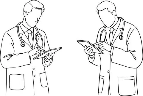Doctors Using Tablet Line Art for Medical Technology and Healthcare Stock Illustration