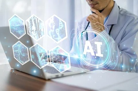 Doctors utilize AI technology to analyze patient data and improve treatment.. Foto stock