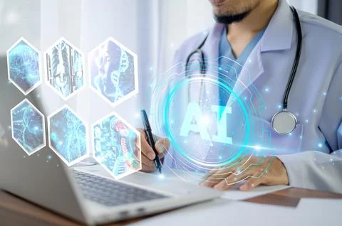 Doctors utilize AI technology to analyze patient data and improve treatment.. Stock Photos