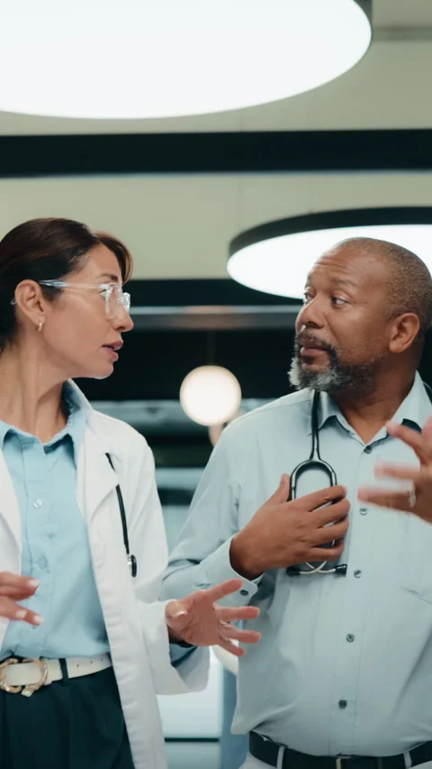 Doctors, walking and talking in hospital corridor for medical strategy Stock Footage 335848015