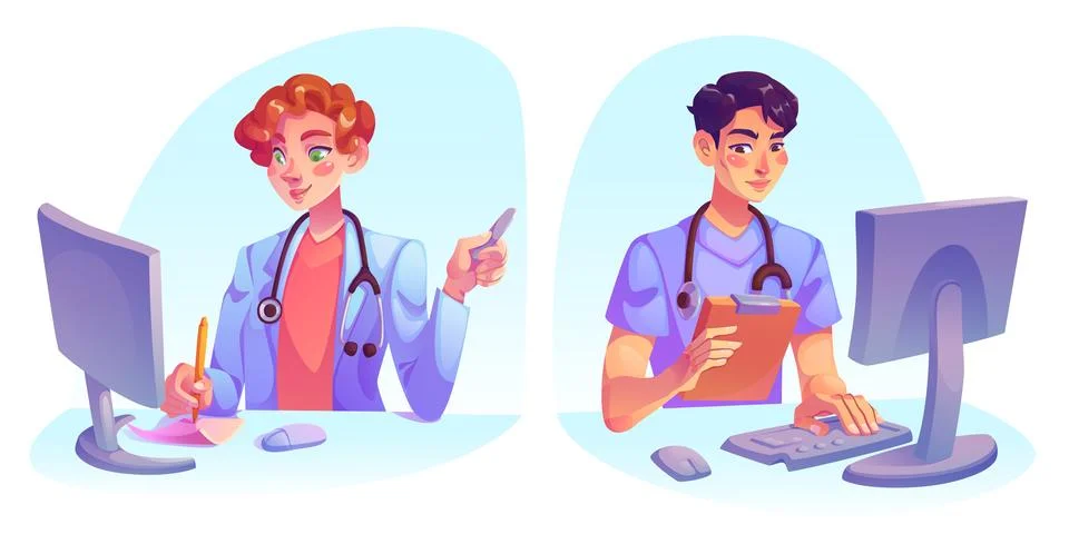 Doctors working on computer in hospital 库存插图
