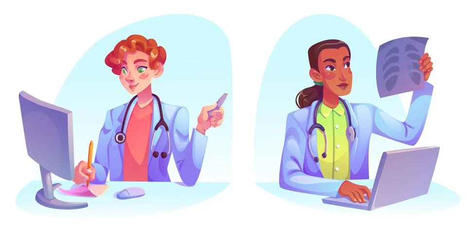 Doctors working on computer Stock Illustration