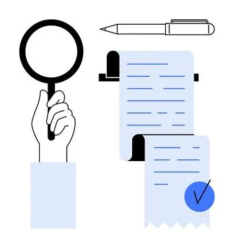 Document Analysis with Magnifying Glass Handheld for In-Depth Review and Ve.. Illustrazione stock