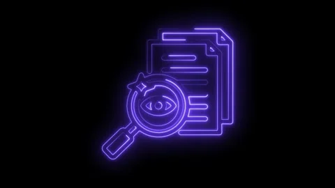 Document analysis magnifying glass neon style animation on black background for Stock Footage 330777354