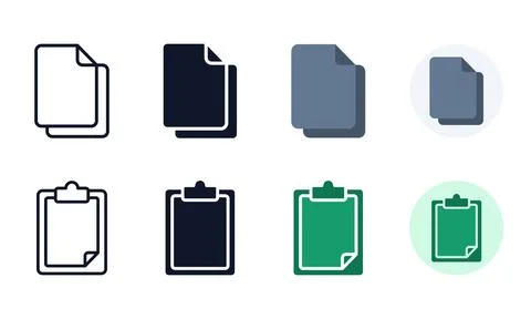 Document and clipboard interface icons presented in four distinct visual st.. Stock Illustration