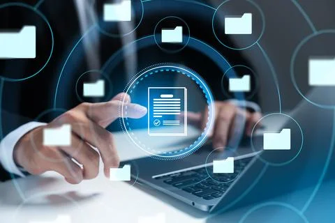 Document and file management system concept, businessman touching document .. Stock Photos