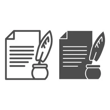 Document and ink pen line and solid icon. Paper scroll with feather, ancient Illustrazione stock