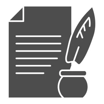 Document and ink pen solid icon. Paper scroll with feather, ancient sheet and Illustrazione stock
