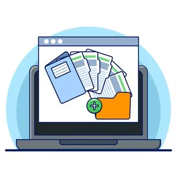 Document and media content concept. Monitor display with yellow folders. Stock Illustration