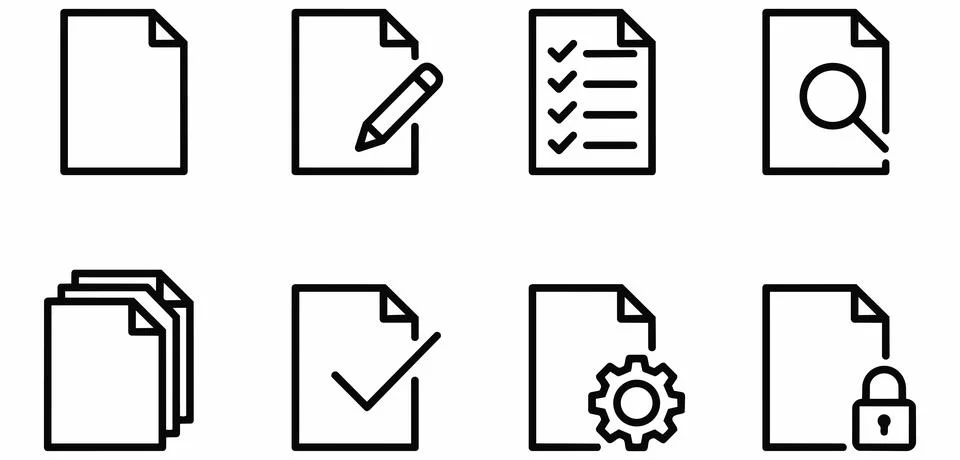 Document and paper management UI icon set with document clipboard interface Stock Illustration