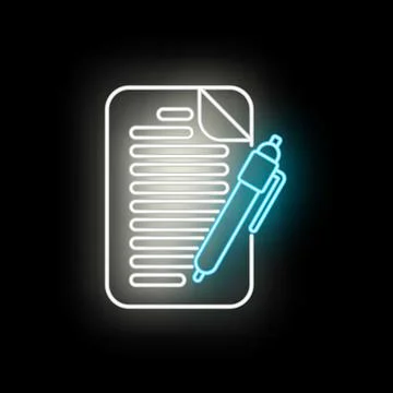 Document and pen neon glowing writing icon Stock Illustration