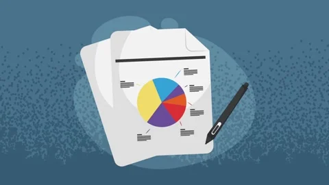 Document animation showing pie chart data analysis with digital pen on blue.. Stock Footage 338423675