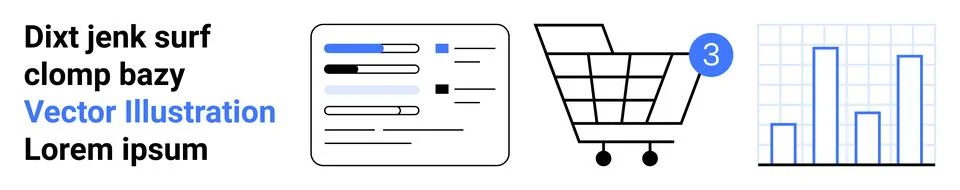 Document with annotations, shopping cart with three notifications, and a bar  Stock Illustration
