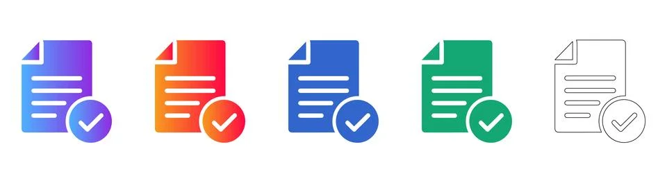 Document Approval Icon Set in Colorful Gradient and Outline Stock Illustration