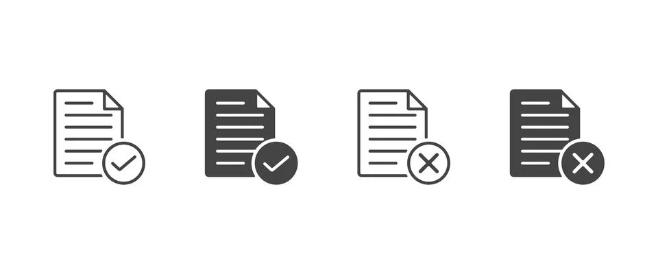 Document Approved and Rejected Vector Icons Set with Checkmark and Cross Symbol. Stock Illustration