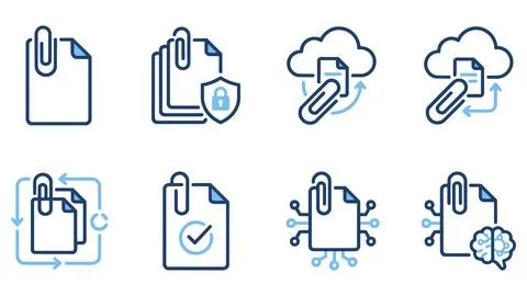 Document attachment and file management line icons with attachment, document Stock Illustration