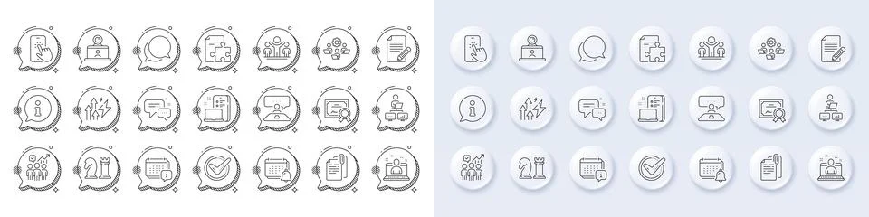 Document attachment, Interview job and Teamwork line icons. For web app Stock Illustration