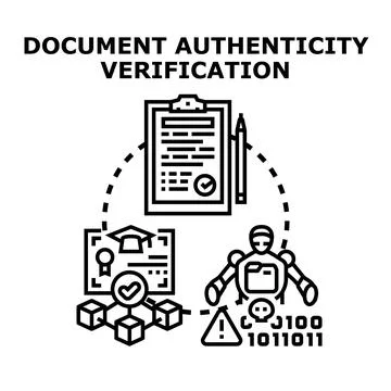 Document authentication verification system. Involving digital documents. Cer Stock Illustration