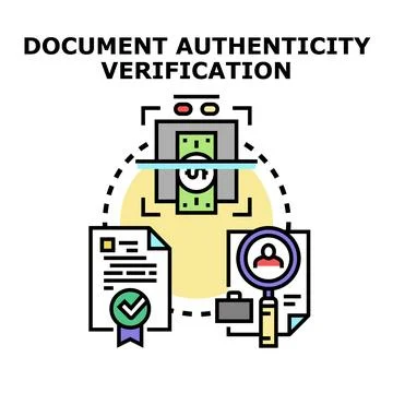 Document authenticity verification process examining personal data Stock Illustration