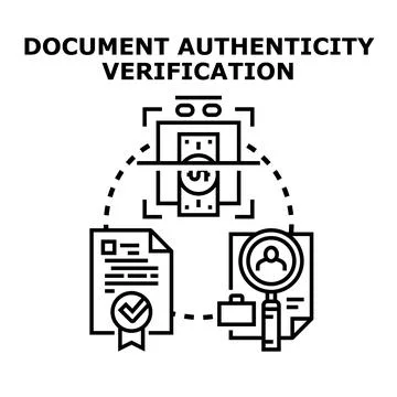 Document authenticity verification process examining personal data Stock Illustration