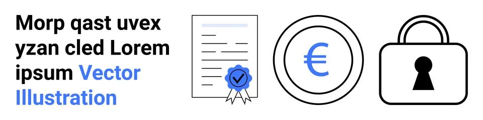 Document with blue check mark seal, Euro currency symbol inside circle, padlo Stock Illustration
